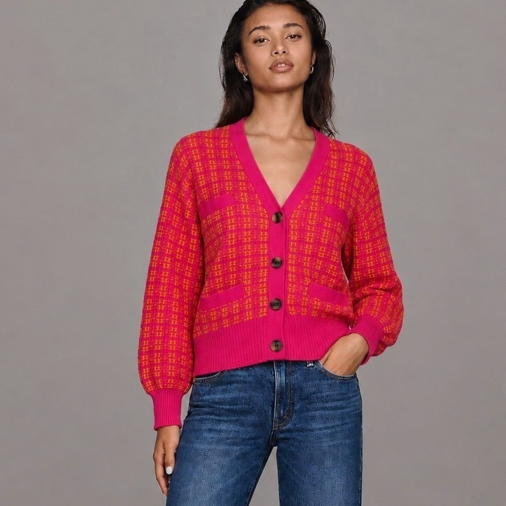 Free Assembly Pink Orange Textured Knit V-Neck Cardigan Sweater Medium